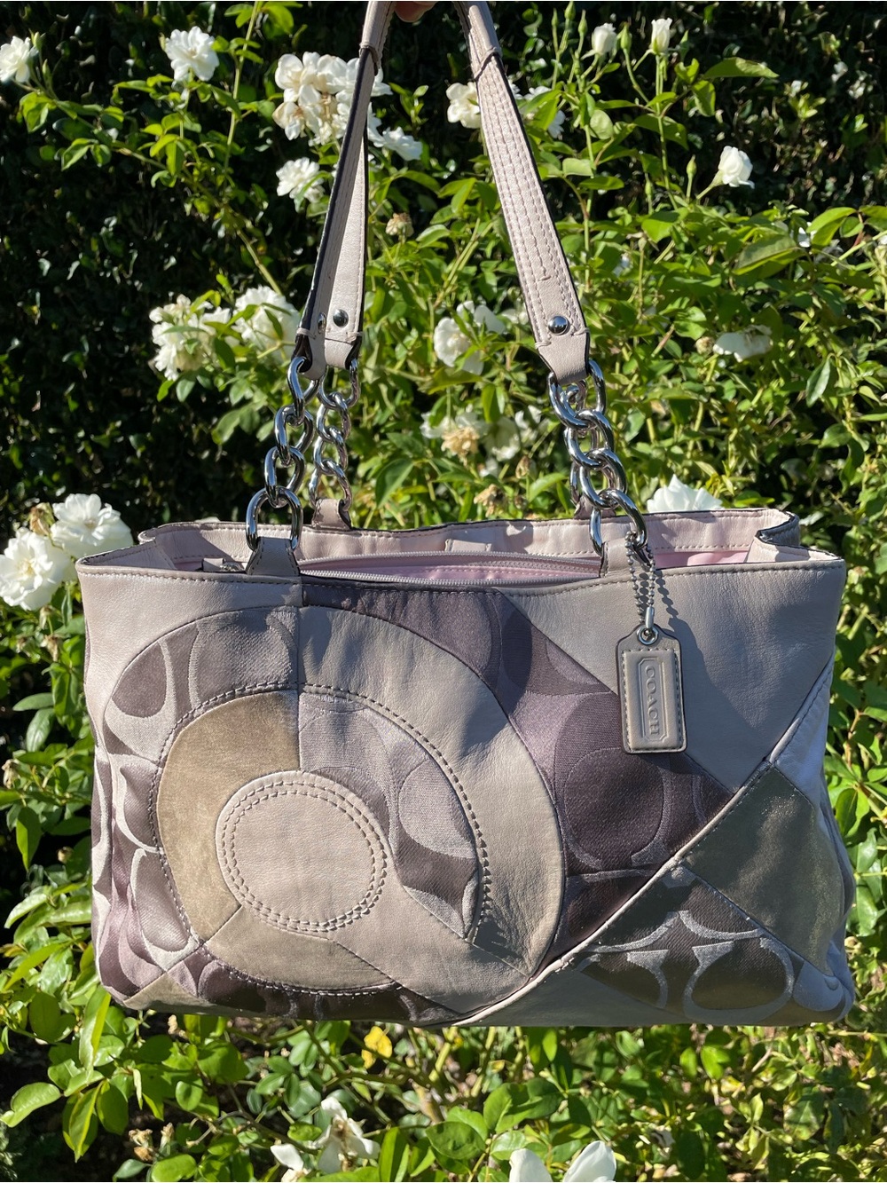 Coach F20013 Inlaid Patchwork Signature Leather Chain Tote Taupe Metallic